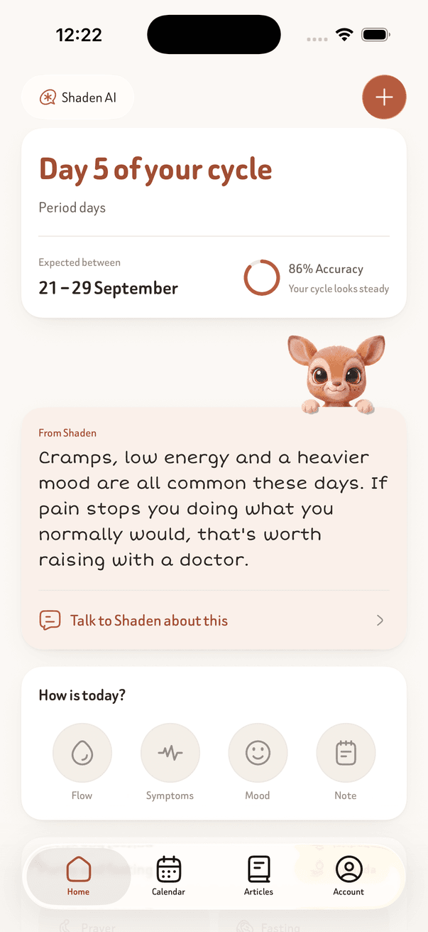 The Shaden home screen, showing the current cycle day and a note from Shaden.